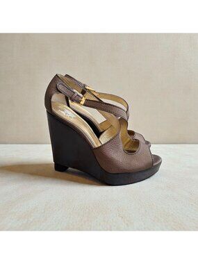 ELIE TAHARI Brown Leather Platform Wedges Size 39.5 / US 9.5